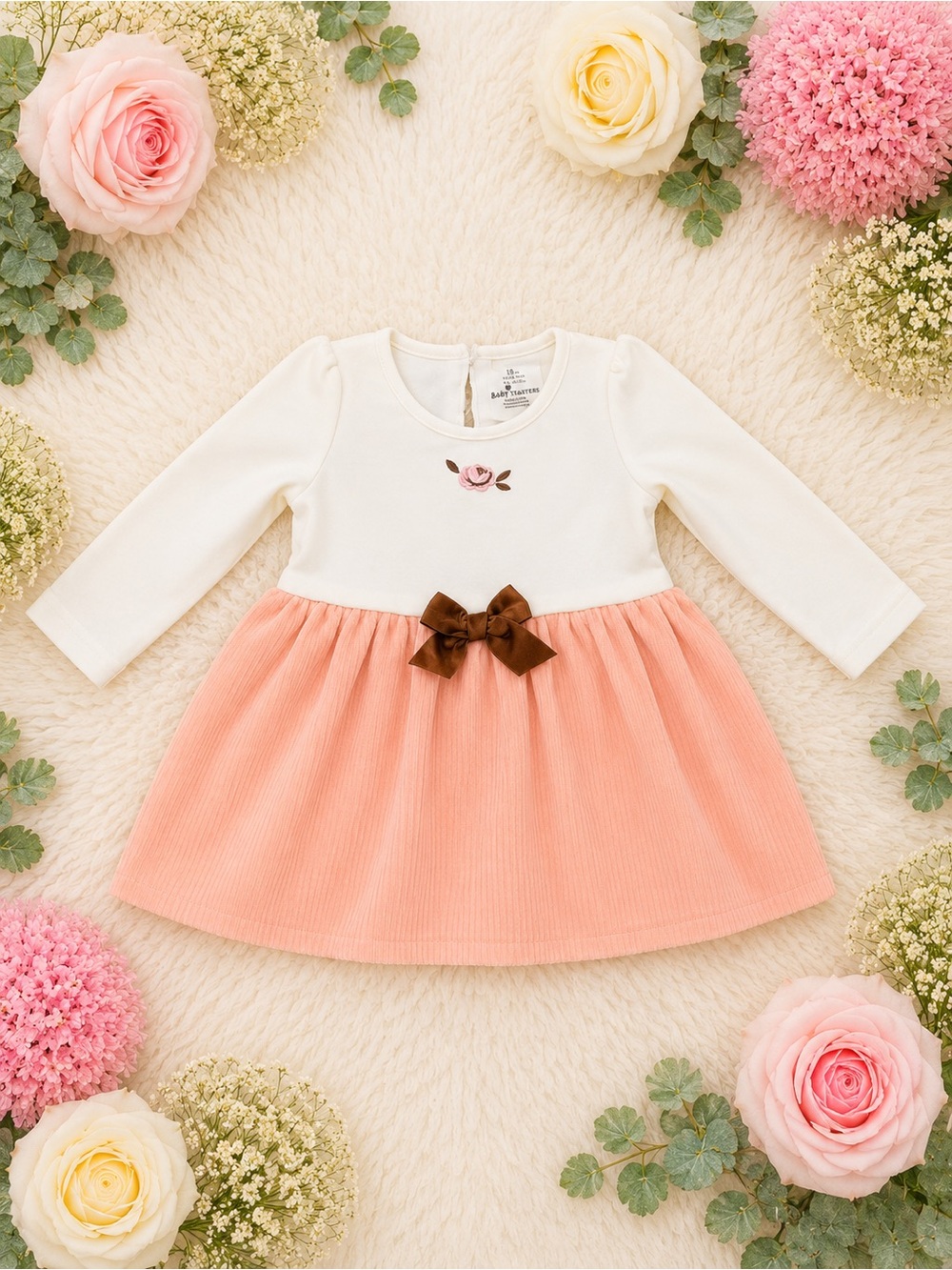 Baby Starters Cream and Peach Long-Sleeve Dress with Brown Bow